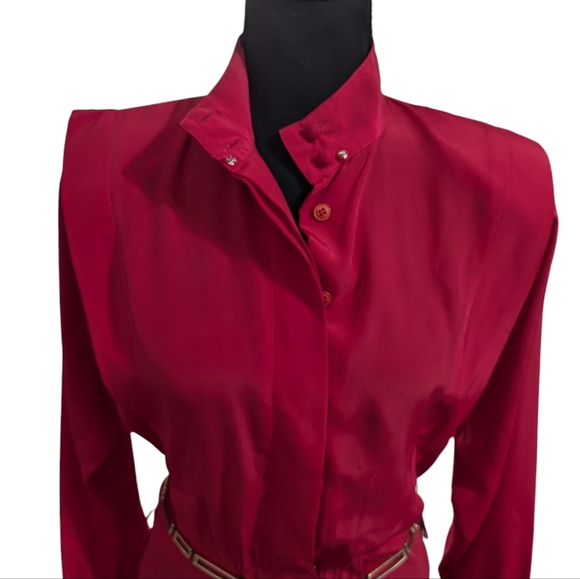 Vintage Alain Toussaint Red Midi Dress Long Sleeve Button Front Belted 6P - Picture 12 of 15